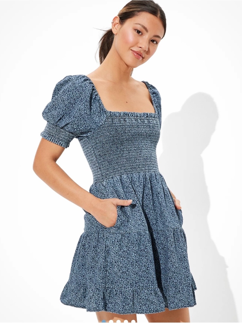 American Eagle Picnic Pretty Denim Floral Mini Dress Puff Sleeve Sz XXS